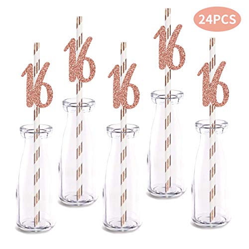 Pitillos decorativos con números y brillo oro rosa 24 pzas miniatura 2