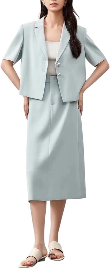 Women's Skirt Suit Spring Summer Crop Notched Pearl Button Blazer And Straight Chiffon Skirt Two Piece Set