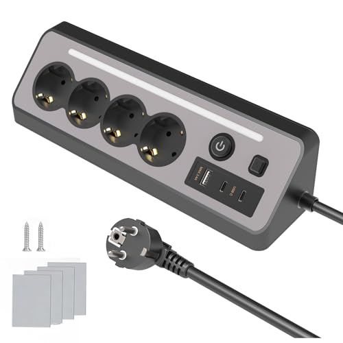 KS Regleta múltiple con interruptor, regleta de 4 enchufes con USB y luz nocturna LED, enchufe de mesa de acero inoxidable, protección contra sobretensiones, regleta para cocina (1,5 m)