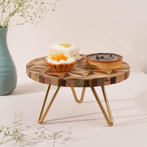 Image of CASADECOR Wooden Geometrical Forest Decorative Pizza Pastry Cake Stand Pack of 1 (Gold, Diameter-10 Inch)
