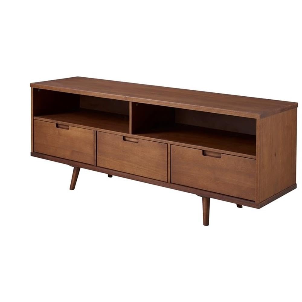 walker edison 3-drawer mid century modern wood tv stand for tv's up to 65" flat screen cabinet door living room storage entertainment center, 58 inch, walnut