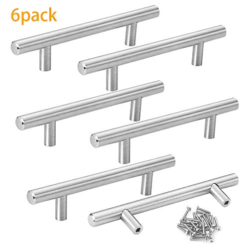 Mila-Amaz 6 Pcs Stainless Steel Cabinet T Bar Handle Kitchen Cabinet Door Knobs with Screws, Silver