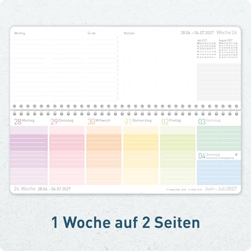 Häfft® Wochen-Tischkalender Schuljahr 2026/2027 \Rainbow\ im Quer-Format, 1 Woche auf 2 Seiten - Wochenkalender, Schreibtisch-Kalender Schule - nachhaltig & klimafreundlich