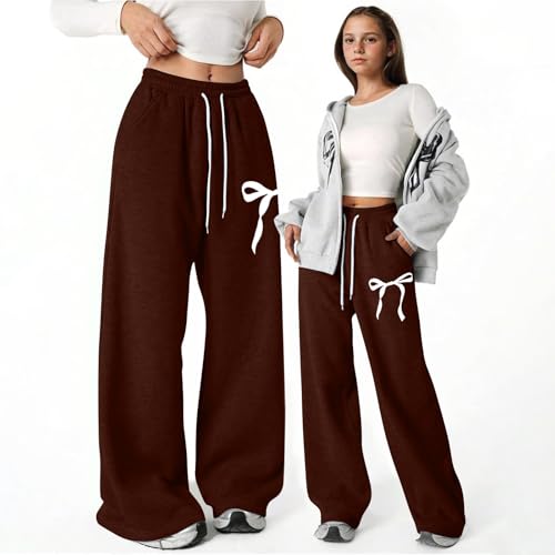 Baggy Sweatpants for Girls Cute Bow Straight Wide Leg Sweat Pants Trendy Teens Elastic Waist Athletic Joggers with Pockets2