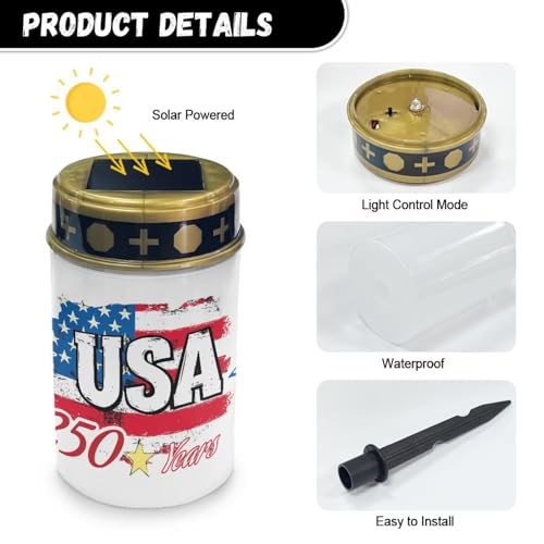 Image of Poceacles USA Flag 250 Years Print Outdoor Lights Solar Grave Candle Solar Cemetery Candles LED Automatic Patriotic Flameless Cemetery Lights for America 250th Independence Day Decor, Set of 6