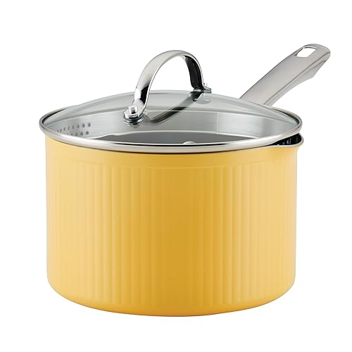 Farberware Style Nonstick Cookware Straining Saucepan with Lid, Dishwasher Safe, 3 Quart - Yellow
