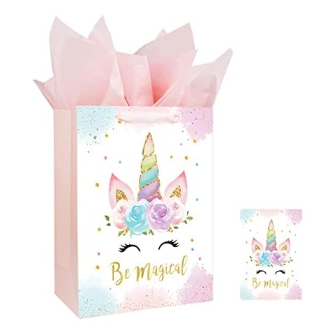 13" Large Unicorns Gift Bag for Birthday Baby Shower Baby Girl Gift Bag with Card and Tissue Papers Watercolor Design Cover