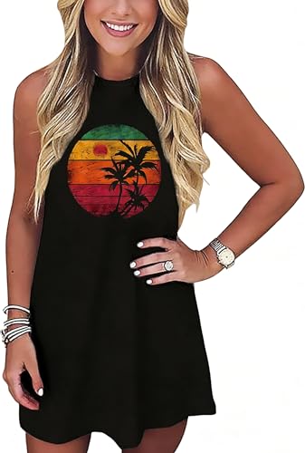 Image of Sun Salt Sand Coconut Tree Tank Mini Dress for Women Sleeveless Beach Praty Shirts Summer Vacation Short Mini Dresses