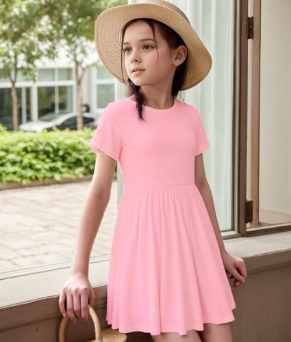 Girls Short Sleeve Dress Elastic Waisted Solid Color A Line Dresses 5-14 Years3