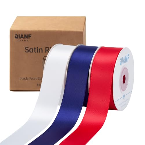 QIANF 1 Inch Red Navy White Double Face Satin Ribbon 45 Yards Patriotic Fabric Ribbon for Gift Wrapping, Flower Bouquets, Hair Bows, Wedding Decoration, Invitation Cards, Christmas (3 Rolls *15Yd)