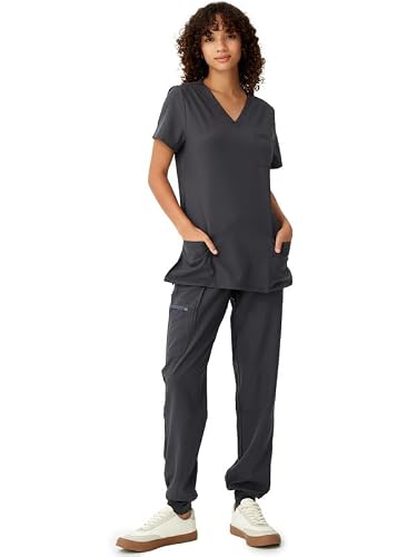 floralhue Scrubs for Women, V-Neck Scrubs Top & Cargo Pants with 10 Pockets, Dark Grey, XS