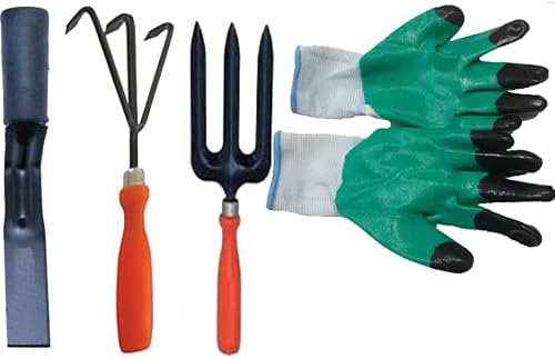 Graden 2" Khurpi , Cultivator , Fork and One Pair Garden Gloves (Set of 4)