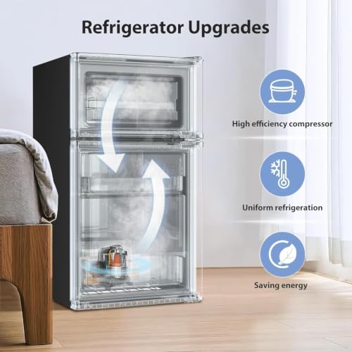 Image of Kismile 3.2 Cu.Ft Mini Fridge with Freezer, Compact Refrigerator, Black | Removable Shelves, Two Doors, Adjustable Temperature, Perfect for Bedroom, Apartment, Office, Dorm