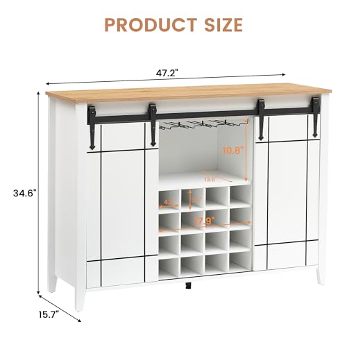 Image of Farmhouse Sideboard Buffet Cabinet with Sliding Barn Doors, Coffee Bar Cabinet with Adjustable Shelves, 16-Bottle Wine Storage & Glass Holder for Dining Room, Living Room,White