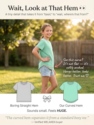 Image of WELAKEN Girls Soft T-Shirt with Curved Hem, Breathable Stretchy Rayon Crewneck Short Sleeve Tees, Kids Everyday Basic Top