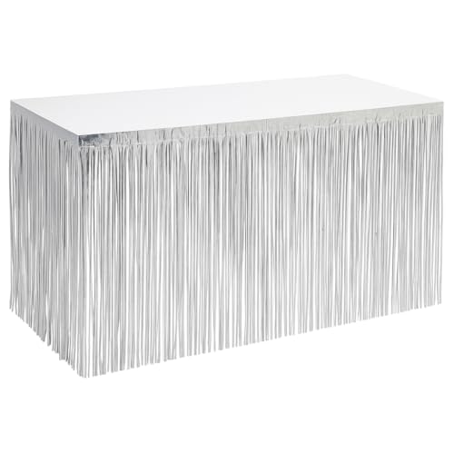 LTMG Lot de 2 Jupes de Table Métalliques Argenté Scintillantes – Jupe à Franges à Lamelles Brillantes 2 x 275cm de Long – Décoration de Table, de Fête, Anniversaire, Evènement