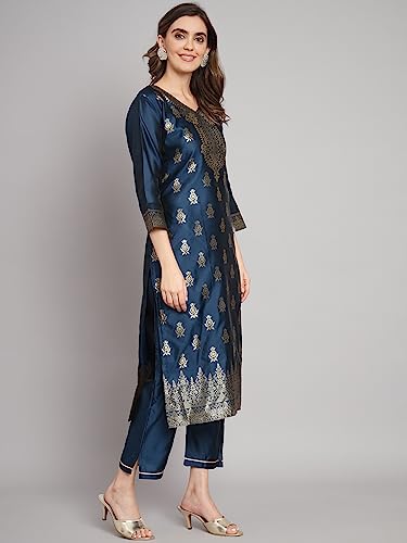 Image of VredeVogel Women's Cotton Silk Jacquard Kurta Pant Set with Banarasi Silk Dupatta