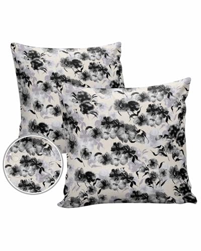 Outdoor Waterproof Pillow Covers Set of 2, Plants Floral Black Flowers Hand Painted Style Linen Texture Patio Throw Pillow Covers, Decorative Cushion Case for Couch Sofa Furniture Garden, 16x16 Inch