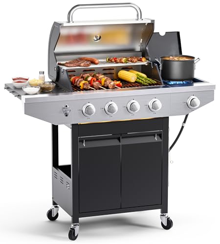 EUHOME 4-Burner Propane Gas BBQ Grill with Side Burner, 46,500