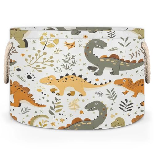 Tablerazzi Dinosaurs Funny Cartoon Large Round Blanket Basket Bin, Blanket Basket for Living Room Collapsible Fabric Laundry Hamper Basket with Handle