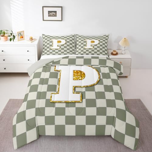 Image of Erosebridal Sage Green Checkered Bedding Set Full Plaid Initial P Comforter Set for Kids Adults Personalized Monogram Down Comforter,Fashion Grids Gingham Quilt Duvet