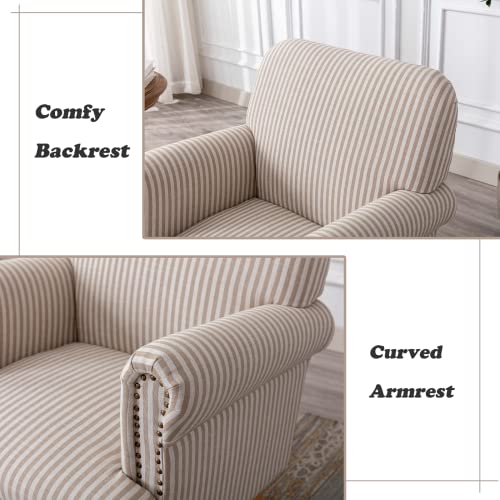 Linen-Accent-Chair-Mid-Century-Modern-Living-Room-Armchair-with-Nailhead-Trim-Wood-Legs-Comfy-Upholstered-Single-Sofa-Chair-for-LoungeBedroomReception-Khaki-Stripe Linen Accent Chair Mid Century Modern Living Room Armchair with Nailhead Trim Wood Legs Comfy Upholstered Single Sofa Chair for LoungeBedroomReception Khaki Stripe