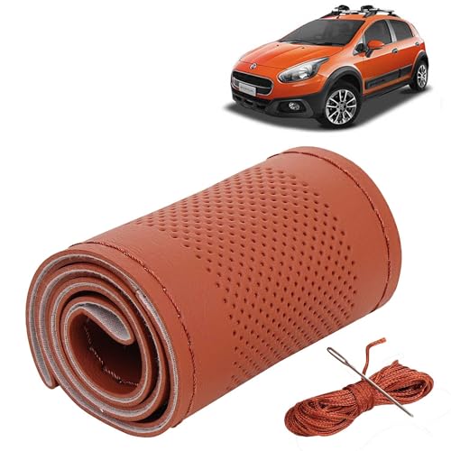 Image of KINGSWAY PU Leatherite Car Steering Cover Sewable Compatible with Fiat Avventura (Year 2014-2019), Tan Color with Tan Thread, Pack of 1 with Sewing Needle and Thread