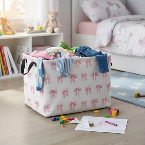 Image of Rectangular Valentines Basket Fabric Storage Bin Storage Boxes Collapsible Storage Basket for Clothes Books Shelves Basket(Pink Bowknot)