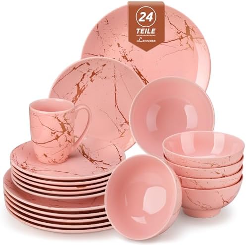 LOVECASA Daphne Porzellan Geschirrset 24-teilig für 6 Personen, Rosa mit Gold Marmor Design, Tafelservice Set mit Essteller, Dessertteller, Schüssel und Tassen