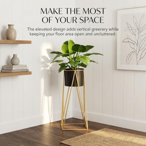 Image of CHROMIX Modern Metal Floor Flower Plant Stand with Planter Pot - Mid-Century Decorative Tall Indoor Plant Stand for Living Room, Bedroom, Balcony, Patio Display - Elegant Black Planter Holder