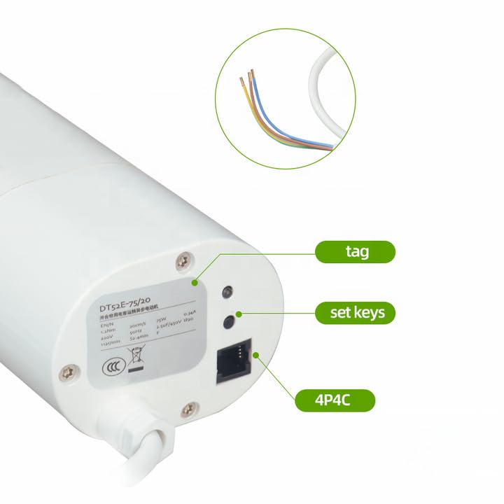 Close-up of motor connections: tag, set keys, 4P4C port