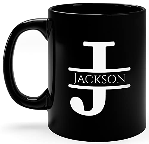 Initial J Custom Name Coffee Mug, Personalized Monogram Gift Cup Black