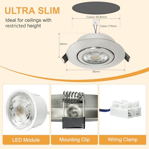 Aulaiyi LED Einbaustrahler 230V Dimmbar 68mm 5.5W IP44 LED Spots Ultra Flach Deckenspots 45° Schwenkbar Einbauleuchten Warmweiß Neutralweiß Kaltweiß Einbauspots für Bad Wohnzimmer, Nickel 6er Set