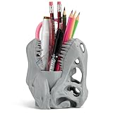 KwatTsz Cool Dinosaur Pen Holder, Dinosaur Skull Figurine Pencil Holder for Office Desk Decor, Funny Easter Gifts for Men and Boys, Grey T-Rex Desktop Organizer