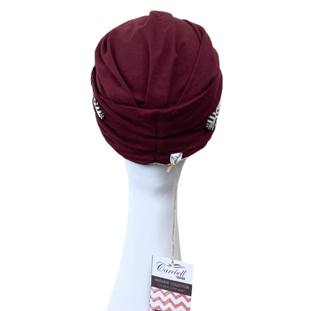 CAREBELL Turbante Oncológico Modelo Confort – Diseño Ikat Burdeos, Bambú Suave y Transpirable, Especial para Quimioterapia, Alopecia y Piel Sensible