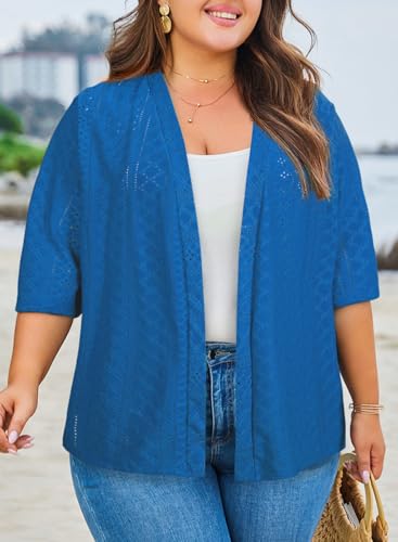 Image of Eytino Plus Size Cardigan for Women Half Sleeve Knitted Jacquard Summer Kimono Cover up Tops(1X-5X)