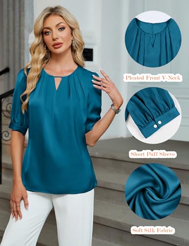 Blooming Jelly Women's Dressy Business Casual Blouses Silk Puff Sleeve Tops Summer Outfits V Neck Pleated Work Shirts 20252