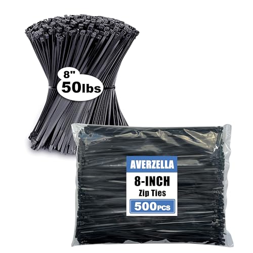 AVERZELLA 8 Inch Heavy Duty Zip Ties 500-Pack - 50LBS Tensile Strength Nylon 66 Cable Ties for Outdoor Use, Black Bulk Small Plastic Ties for Wiring & Arts and Crafts