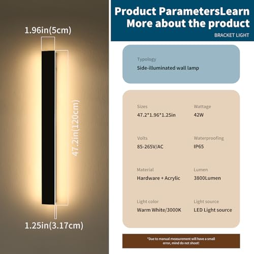 Image of 2 Pack 47.2inch Long Linear Outdoor Wall Light, 3000K Warm White Modern Wall Mounted Sconce, IP65 Waterproof, 42W, Black Exterior Lighting Fixture for Garage, Patio, Porch, Garden