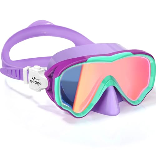 Seago Kids Swim Goggles for Kids 6-14 8-12 8-14 4-7, Swimming Goggles for Girls Boys Youth Anti-Fog 180° Clear Wide Vision No Leak Kids Underwater Pool Water Swim Glass with Nose Cover Mirrored Purple