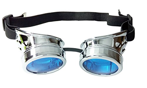 Ultra Silver with Blue Lenses Steampunk Goggles Mens Womens Cyber Glasses Victorian Punk Welding Cosplay Goggles Goth Rustic Rivet Round Eyewear Flying Goggles Fancy Dress Pilot Goggles - Image 4