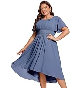 Ever-Pretty Women's A Line Crew Neck Short Sleeves Pleated Elastic Back Chiffon Midi Plus Size Hi...