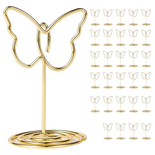 30 Pcs Gold Butterfly Place Card Holders, Table Number Holders & Table Sign Stand, Photo Card Holder with Stable Spiral Base for Wedding Table Numbers, Seating Cards, Buffet Food Labels