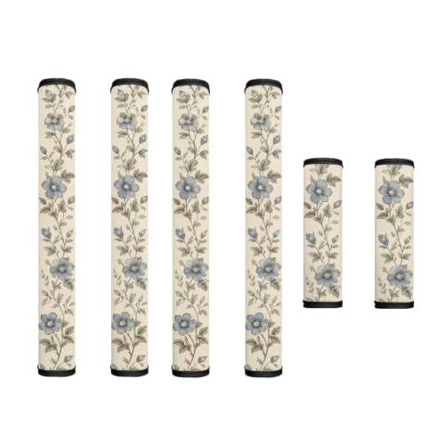 Image of Refrigerator Door Handle Covers Set of 6 Kitchen Electrical Appliances Handle Protector Anti-Slip Fridge Microwave Oven Decor Home Accessories, Retro Flower Blue Beige