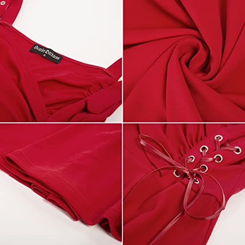 SCARLET DARKNESS Dress Medieval V-Neck A-Line Cocktail Party Dress Retro Steampunk Sleeveless with Drawstring Women L Red 164S22-2 steampunk buy now online
