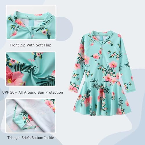 Image of Aisyee Girls One Piece Swimsuits Swim Dress for Girls Long Sleeve Rash Guard Bathing Suits Hawaiian Skirt Swimwear 3-16 Years