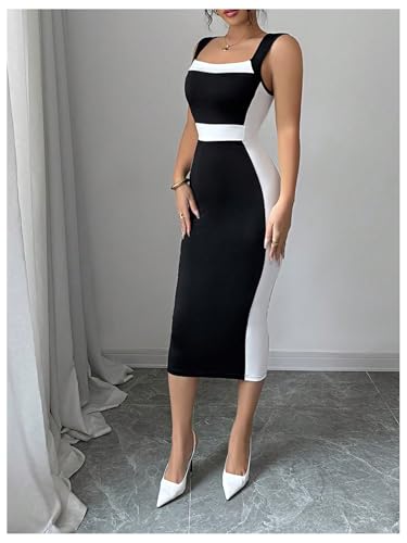 SOLY HUX Women's Bodycon Midi Dress Color Block Square Neck Sleeveless Cocktail Party Dresses3