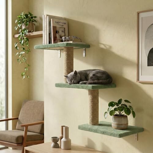 Image of Wall-Mounted Cat Climber, Multi-Level Cat Tree with Jute Scratching Posts, Grey Plush Platforms, Space-Saving Corner Design (30X35X14 INCH) FURR-158 (Green)