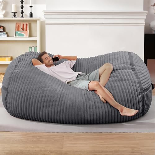 Image of 6FT Bean Bag Chair 6'Giant Bean Bag Chairs with Adults, Large Beanbag Chair | Bean bag Lounger with Machine Washable Cover Corded Plush Fabric, Comfy Chairs for Living Room Bedroom Dorm, Darkgrey