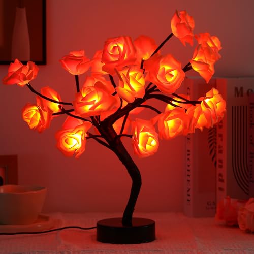 Image of Drawelry Rose Flower Tree Lamp - LED Rose Tree Table Lamp USB /Battery Powered Artificial Bonsai Flower Night Light for Bedroom Living Room Party Wedding Birthday Decor (Orange)